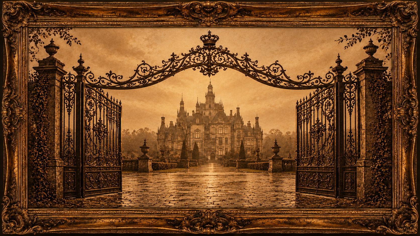 Open wrought-iron gates leading to a museum, surrounded by an ornate bronze frame.
